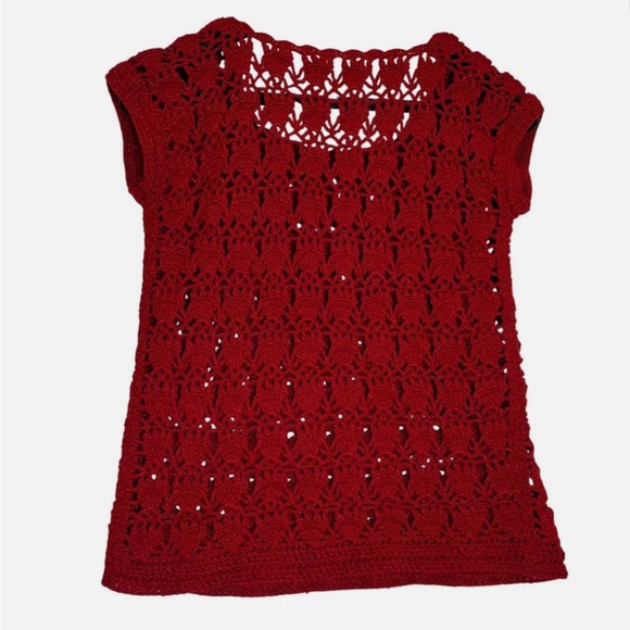 Red Crochet Lace Top VTG Handmade Sweater Vest M Parisian Vintage Artisan Boho - Picture 6 of 8